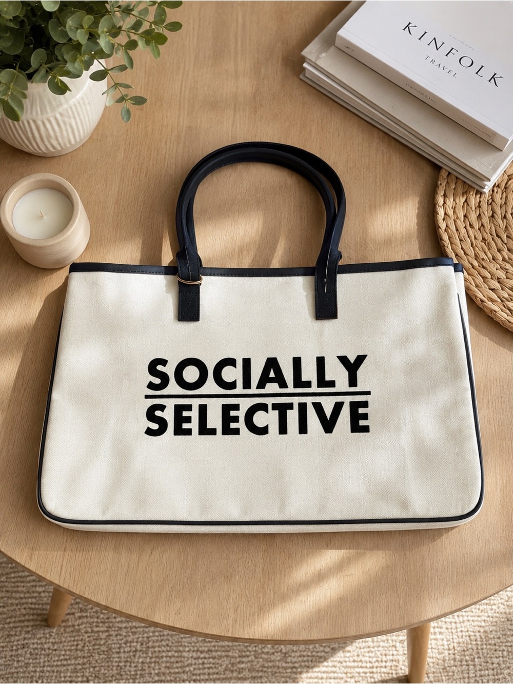 Canvas Tote Bag - 'Socially Selective' Printed White and Black Designer Tote